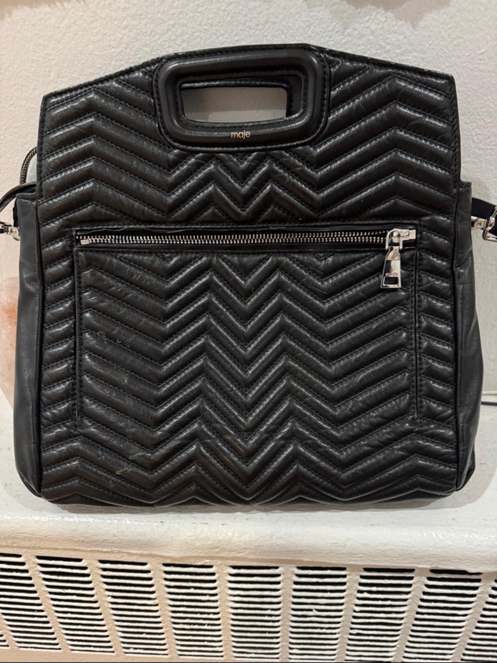 Maje Black Quilted Chevron Leather Handbag with Top Handle